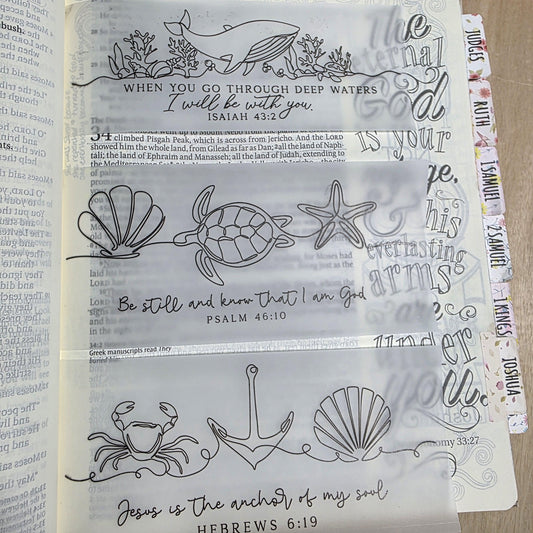 Ocean themed line art Bible Tip-Ins Vellum | Bible Journaling Insert | loaded Bible accessories | Faith Planner Supply Bible decorations